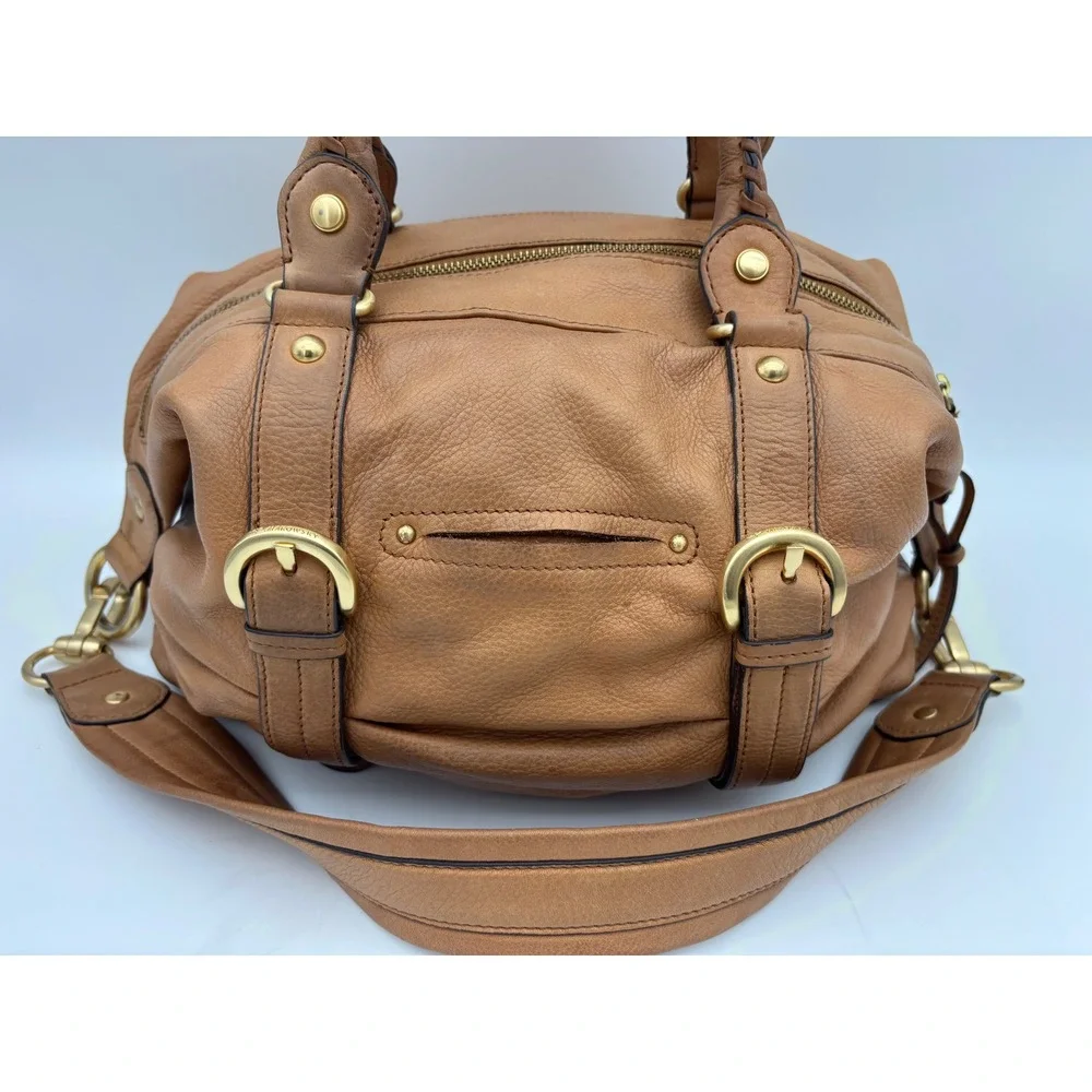 B MAKOWSKY Tan Leather Handbag Satchel Bag Double Handle Boho‎ Slouch Gold Camel